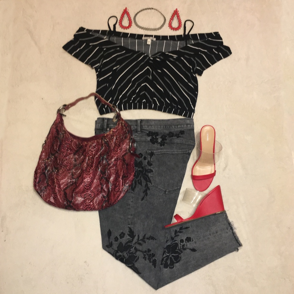 Black Striped Cropped Off the Shoulder Top